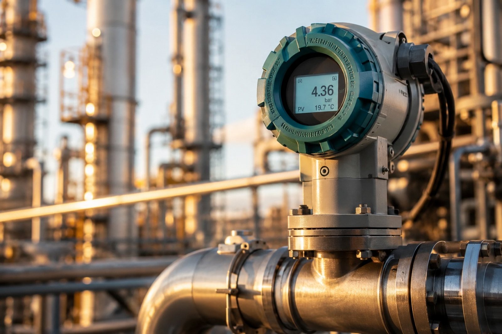 A smart pressure transmitter reading 4.36 bar on plant piping, with a refinery behind it — SynapseAI